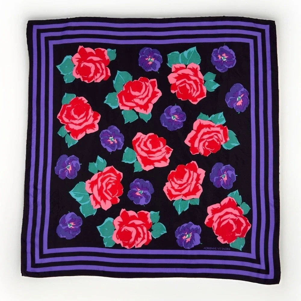Vtg Adrienne Vittadini Scarf Vivid Colors Roses & Violets Red Black Purple 32
